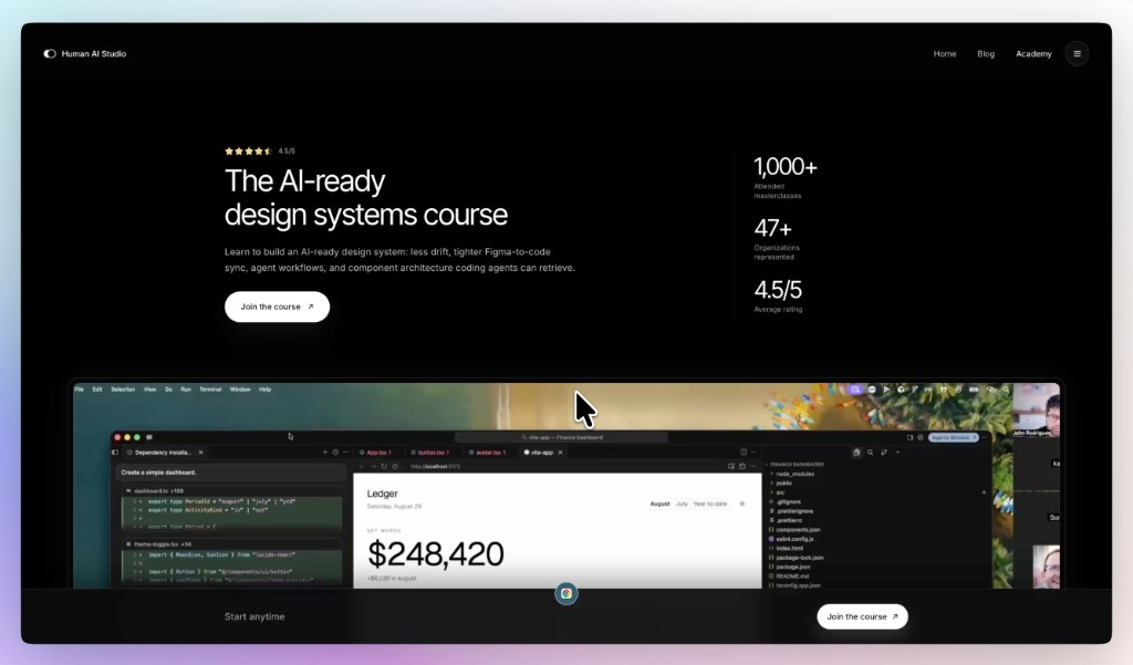 The AI-ready design systems course page on Human AI Studio
